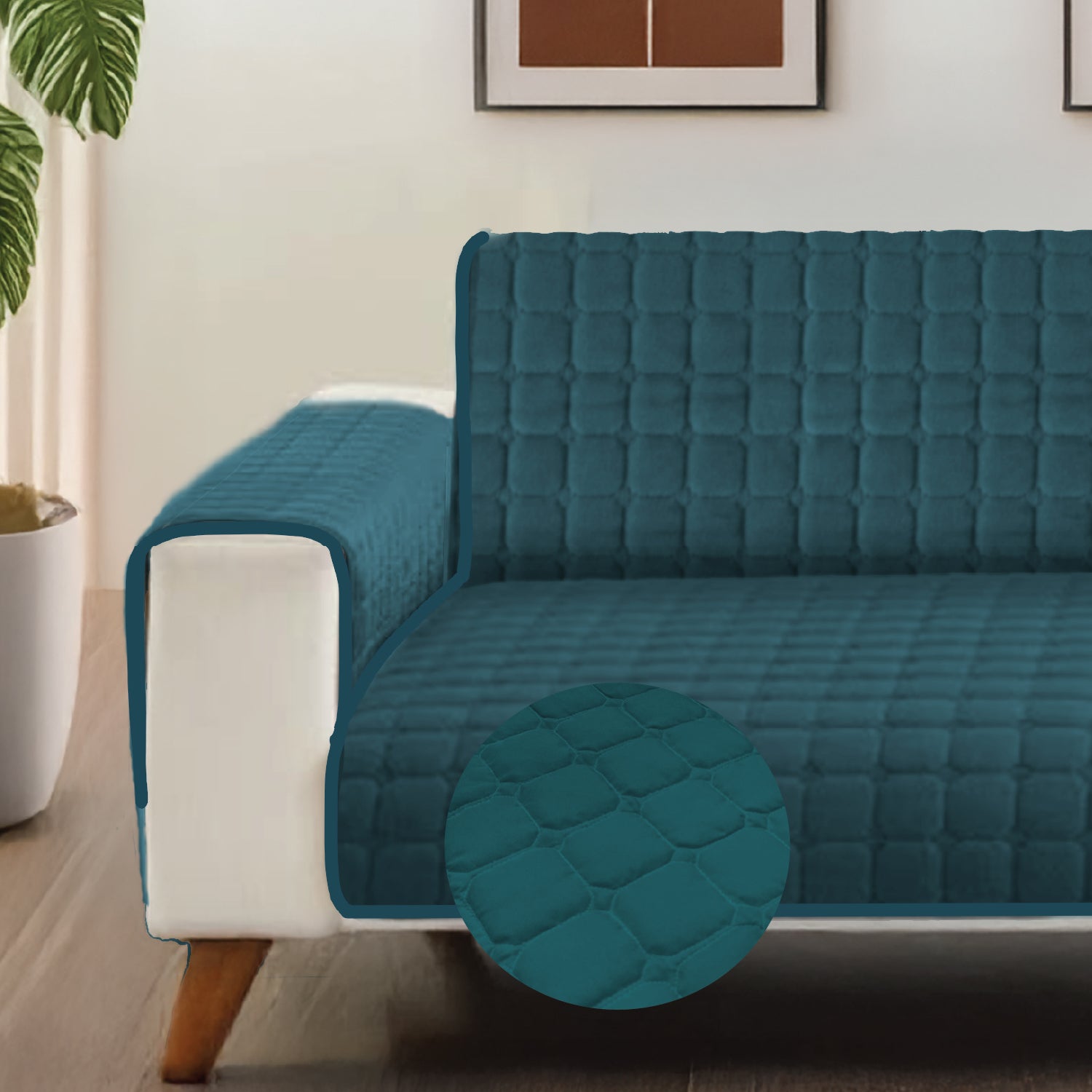 Quilted Sofa Cover, Non Slip & Washable, Comes With Side Pockets & Strap - Teal