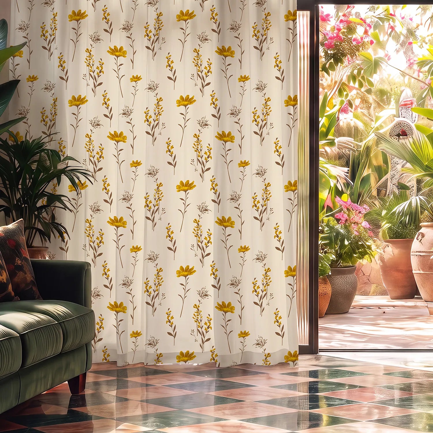 100% Cotton Curtains for Living Room, Bedroom curtains - Pack of 2 curtains, Orchid Blooms - Yellow