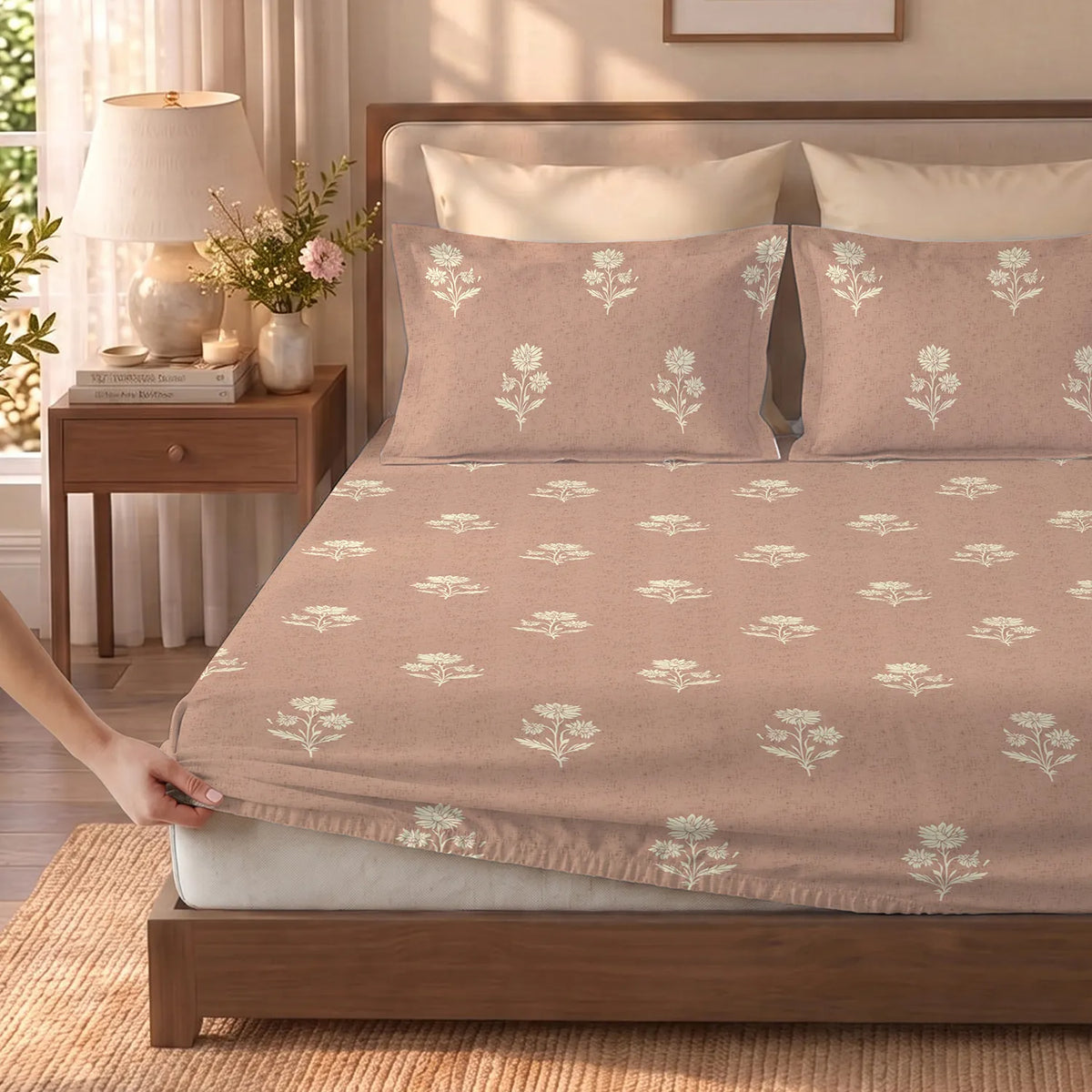 Fitted King Size 300TC Cotton Percale Bedsheet - Summer Holiday Brown