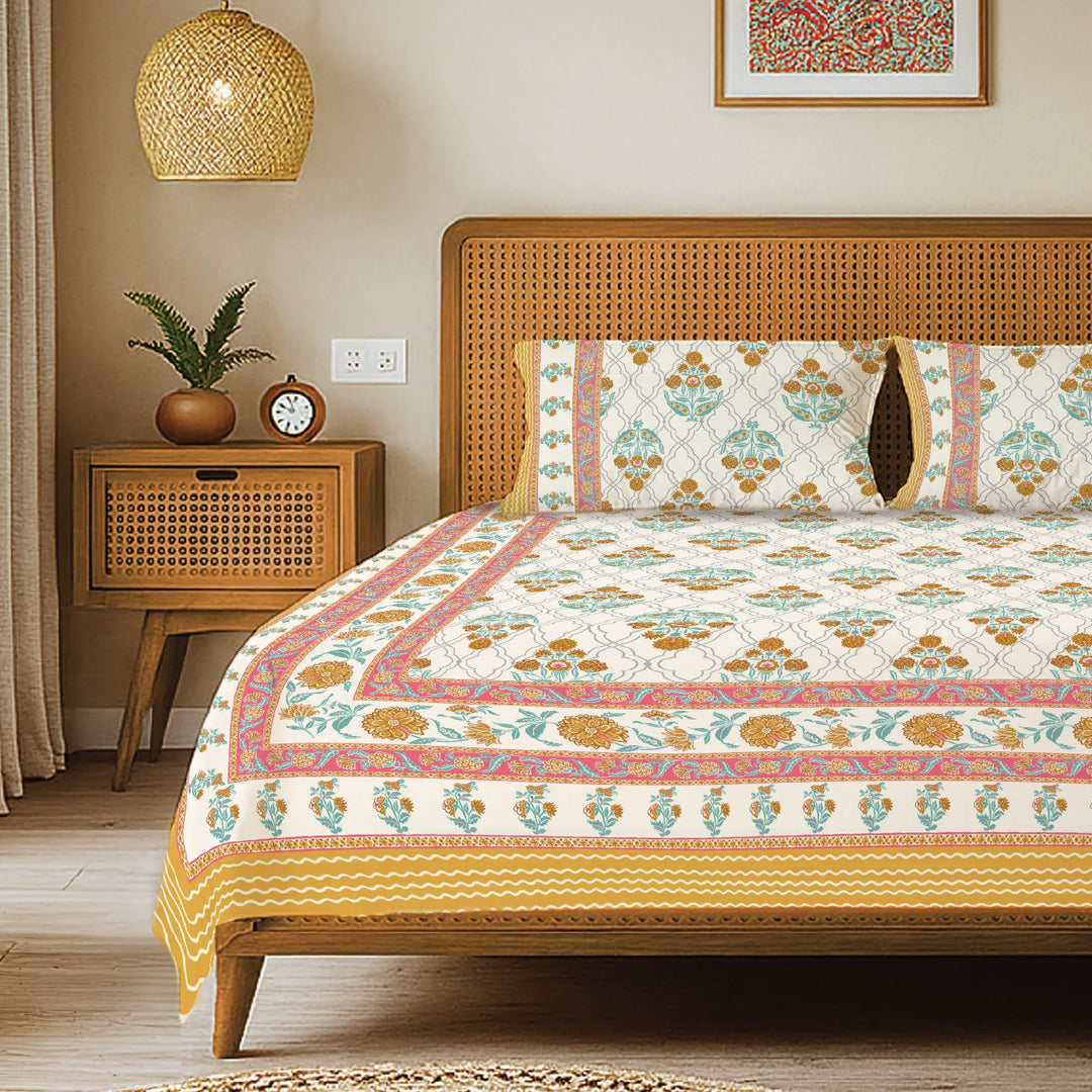 Rajasthani Ethnic 100% Cotton Bedsheet with 2 Pillow Covers - Amberjaal Yellow