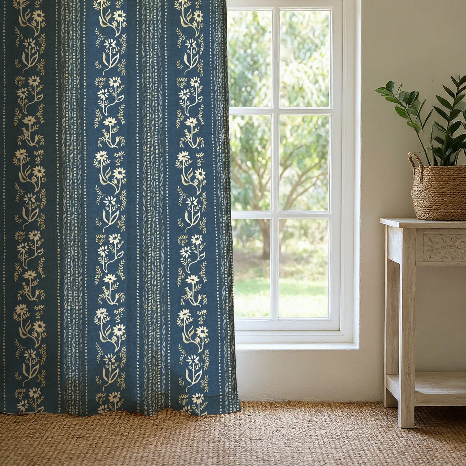 100% Cotton Curtains for Living Room, Bedroom curtains - Pack of 2 curtains, Garden trail Indigo