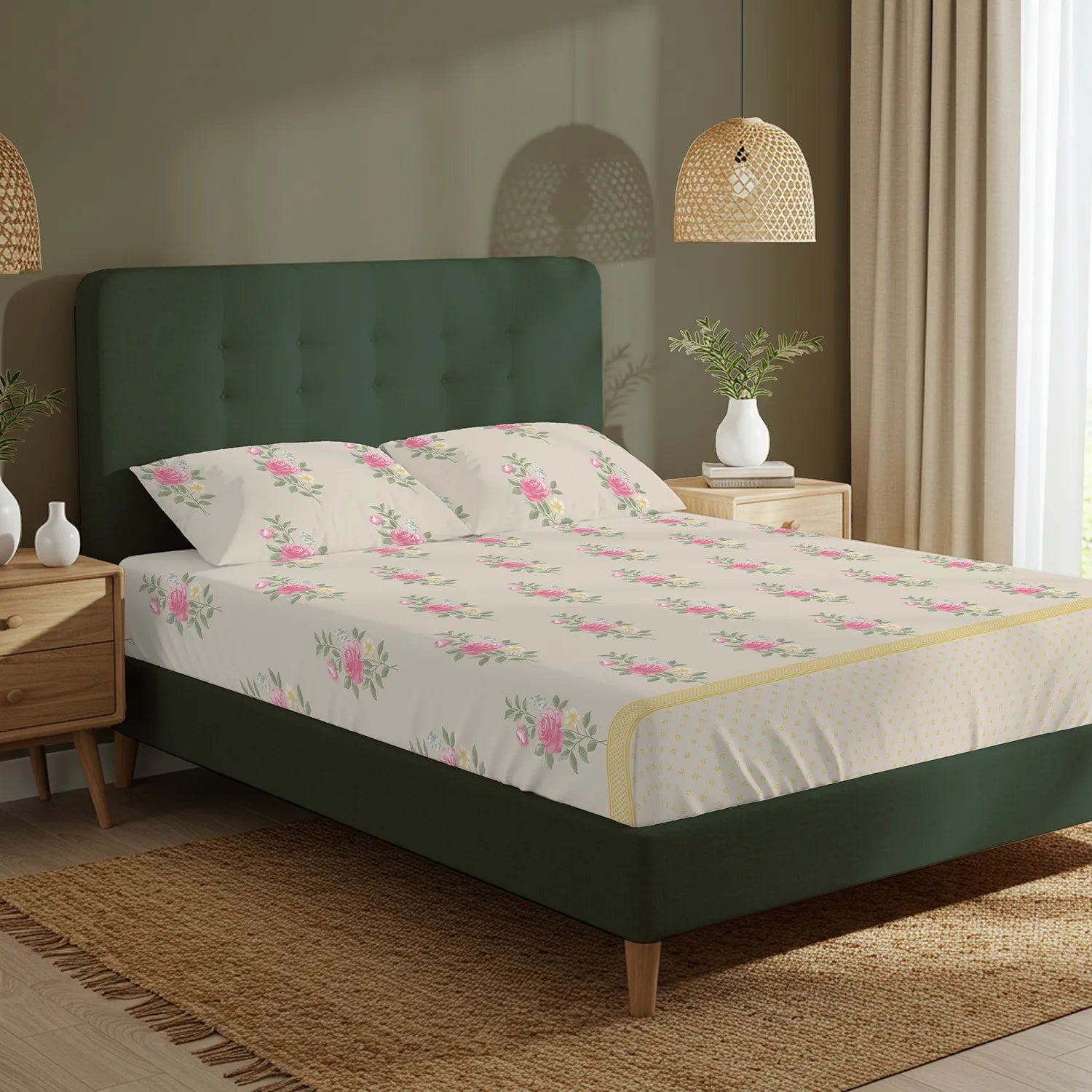 Serene 200 TC 100% Cotton Bedsheet with Pillow Covers - Vintage Rose Soft Brown