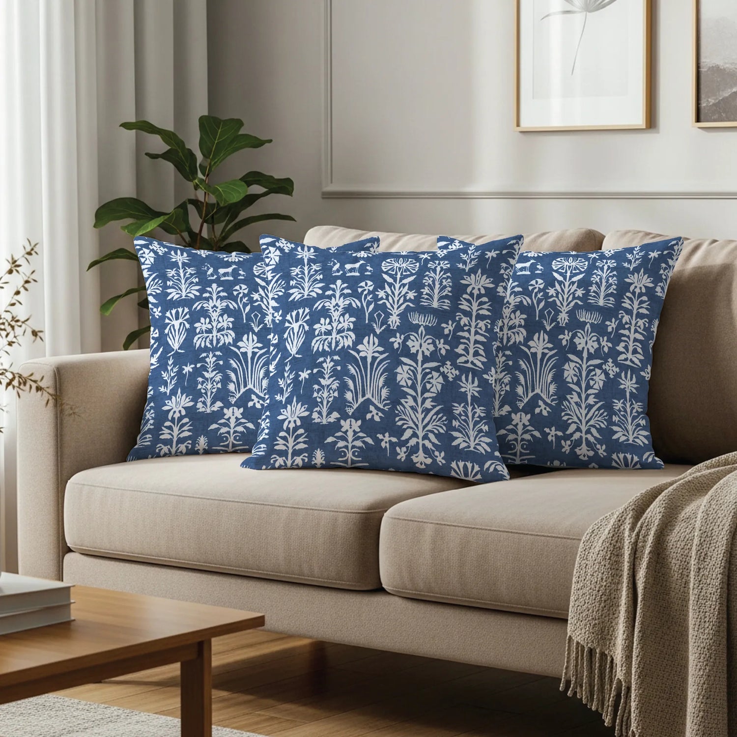 Cotton Cushion Covers, Throw pillow for couch- Twigs Indigo Blue