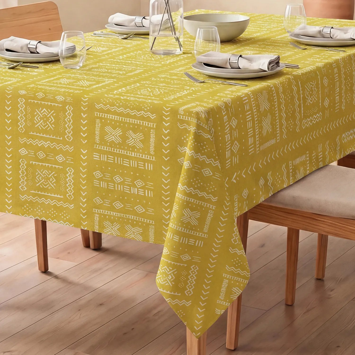 100% Printed Cotton Dining Table Cover for 4 & 6 Seater - Zahara Mustard