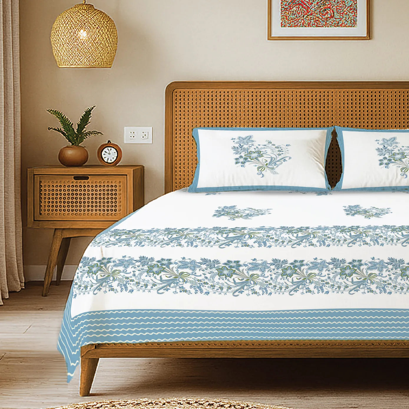 Rajasthani Ethnic 100% Cotton Bedsheet with 2 Pillow Covers - Taarini Blue