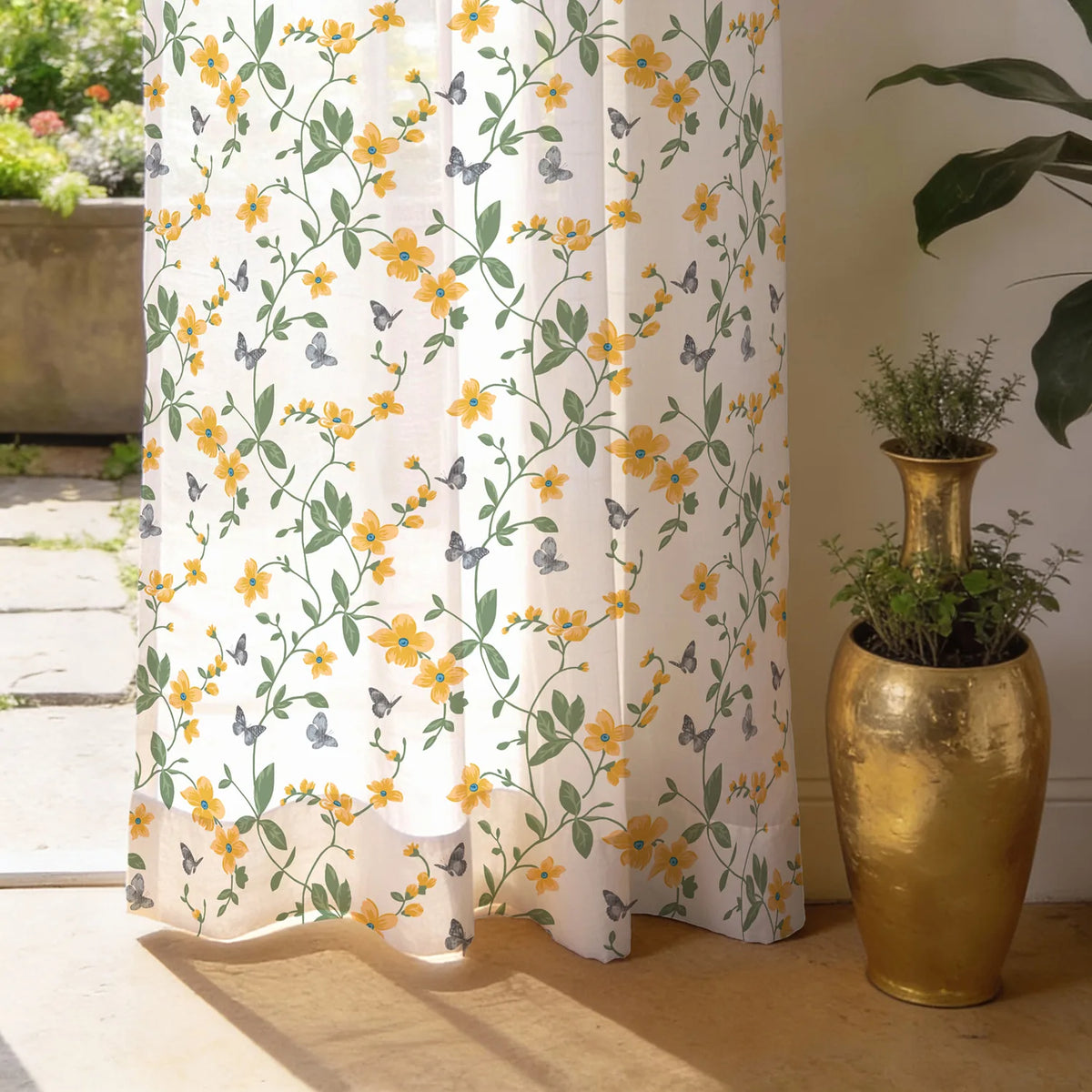 Digital Printed, Linen textured Sheer Curtain for Living Room , Curtain for Window/Door, Pack of 2 Curtains - Floral Yellow