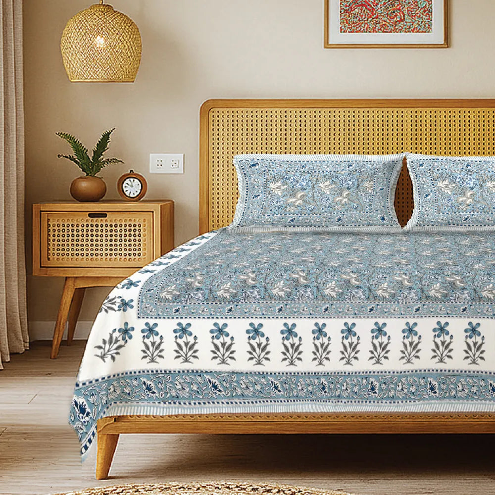 Rajasthani Ethnic 100% Cotton Bedsheet with 2 Pillow Covers, King Bed - Rangrez Blue