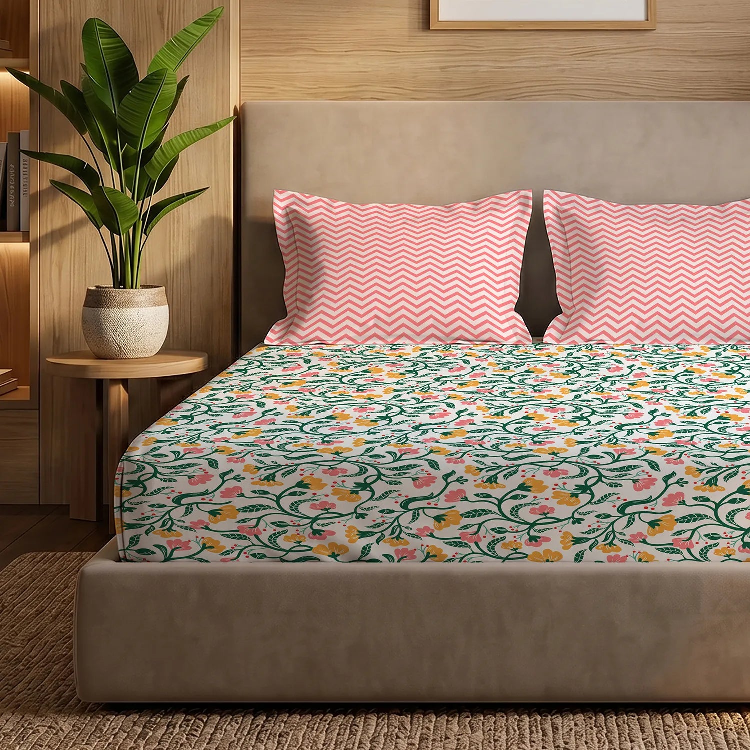 200 TC Glaced Cotton Microfiber Bedsheet with Pillow Covers - Kashmir