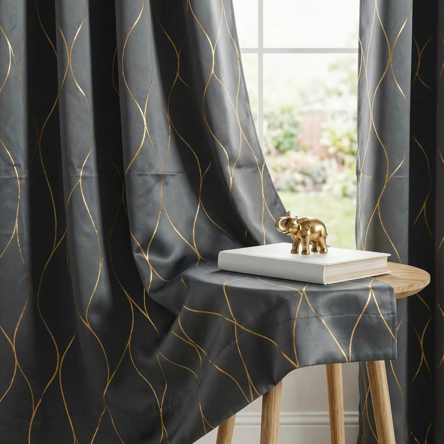 Buy Gold Foil Printed Blackout Curtain - Wave Design Grey 5 ft x 4 ft (Standard Size) / Stainless Steel Eyelets (Default)
