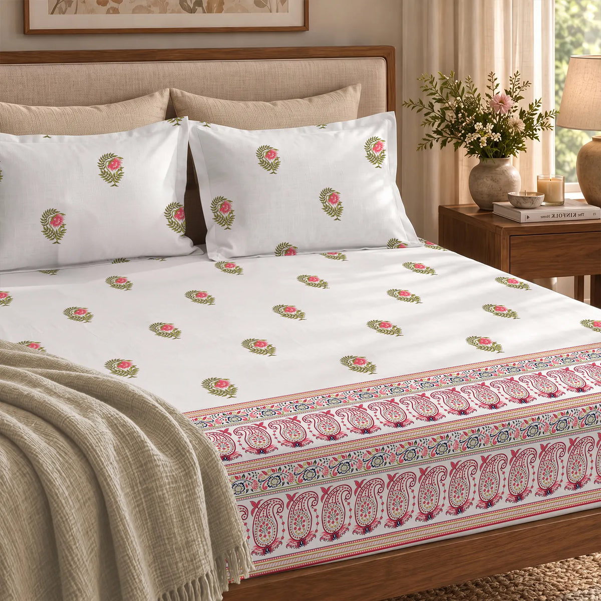 300 TC Cotton Percale Bedsheet with Pillow Covers - Ethnic Motif Pink