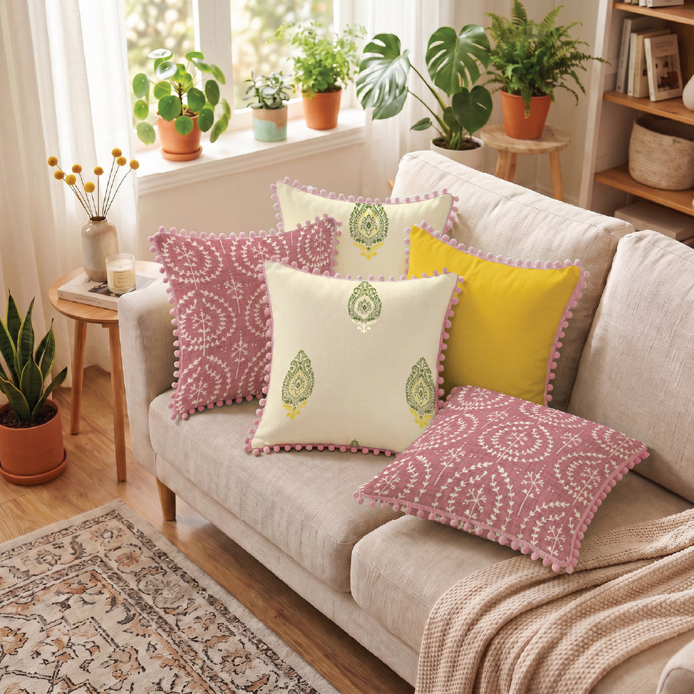 Festive Cushion Covers for Sofa & Couch, Set of 5 - Zari Buta Sage Green, Aura Pink & Green with pom