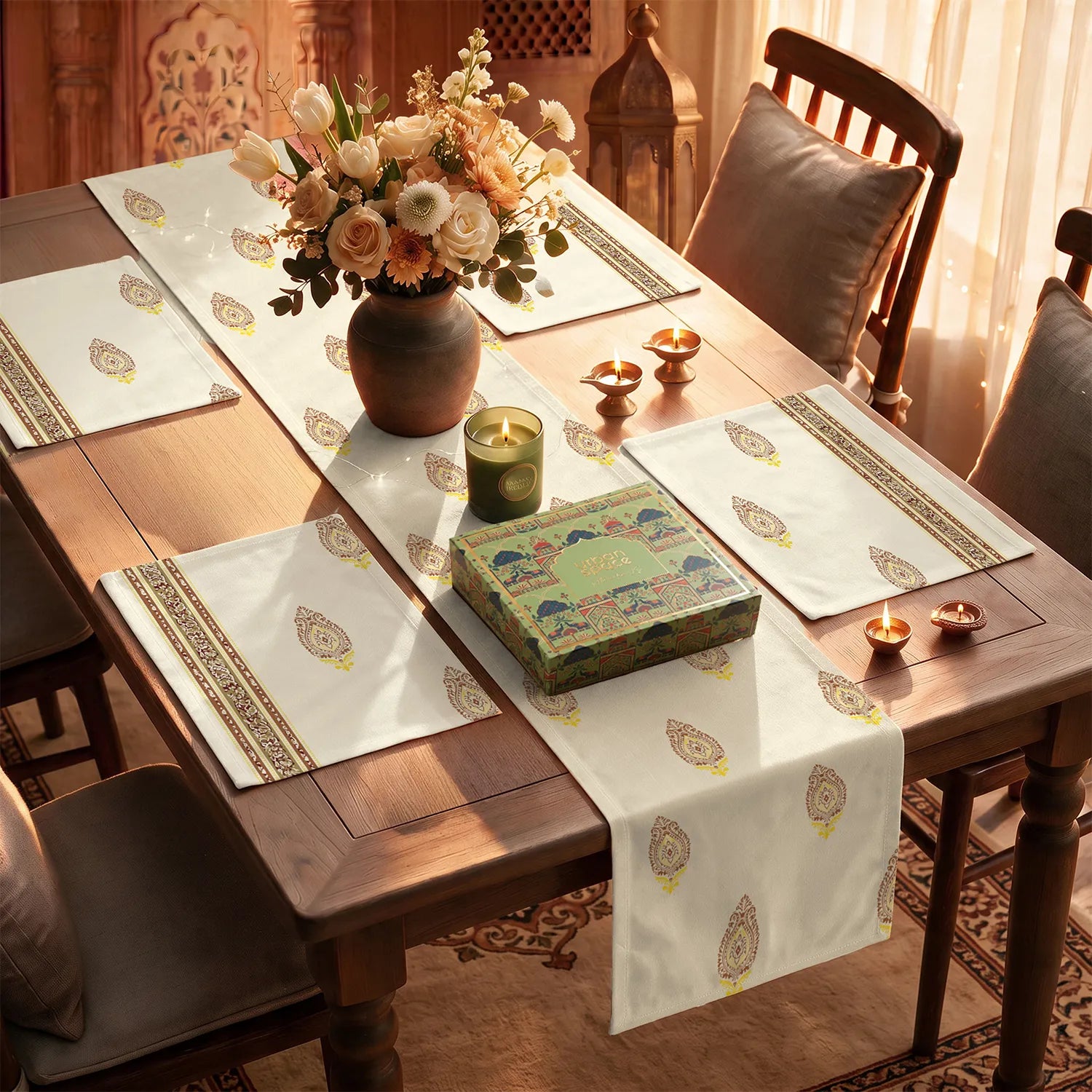 Table Runner and Set of 4 Placemats in Giftbox with Premium Scented Candle - Zari Buta Brown gold