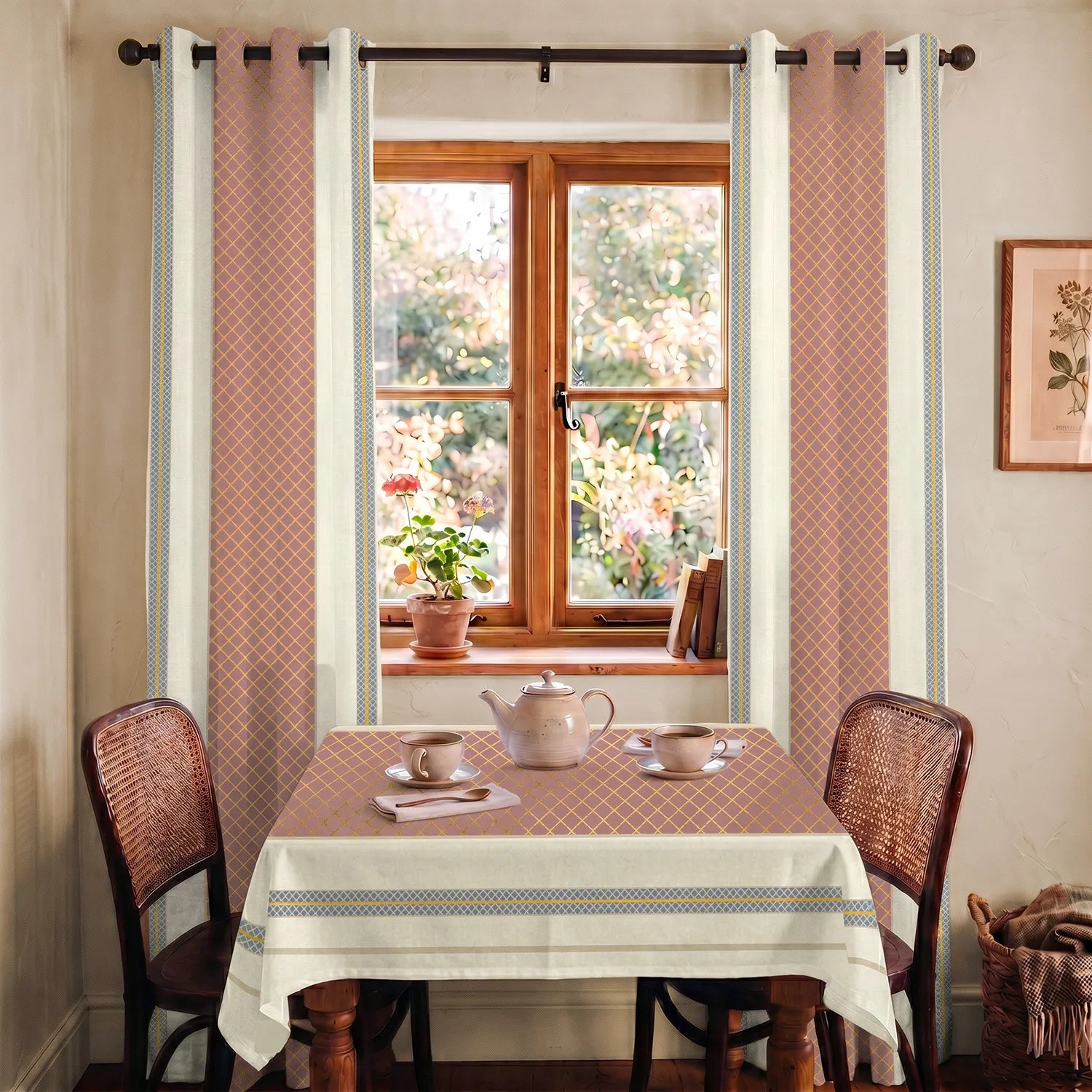 100% Cotton Pack of 2 Curtains & Table Cover Combo for Living Room - Zari Jaal Dusty Pink Gold