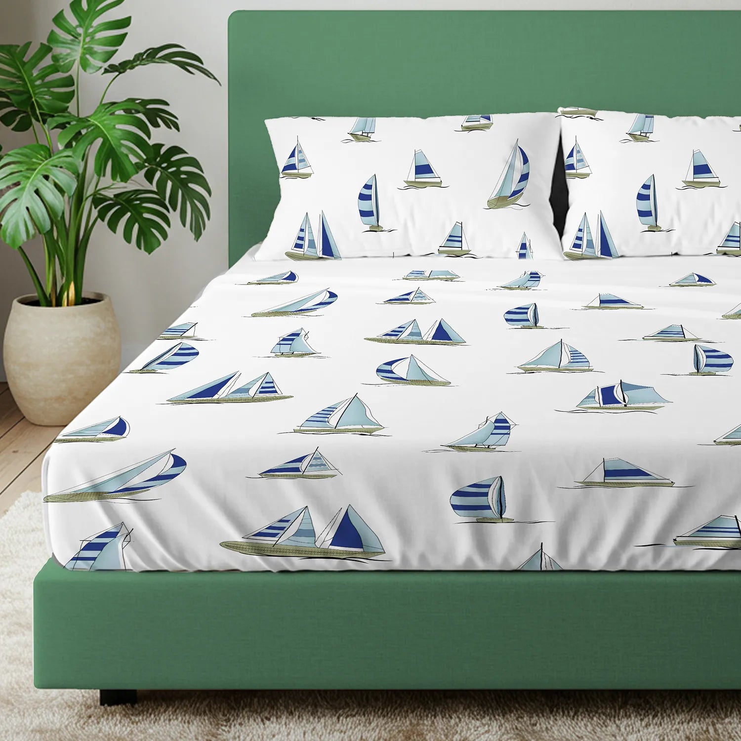 Divine Collection - Cotton Bedsheet With 2 Pillow Covers, Ocean Boats Blue