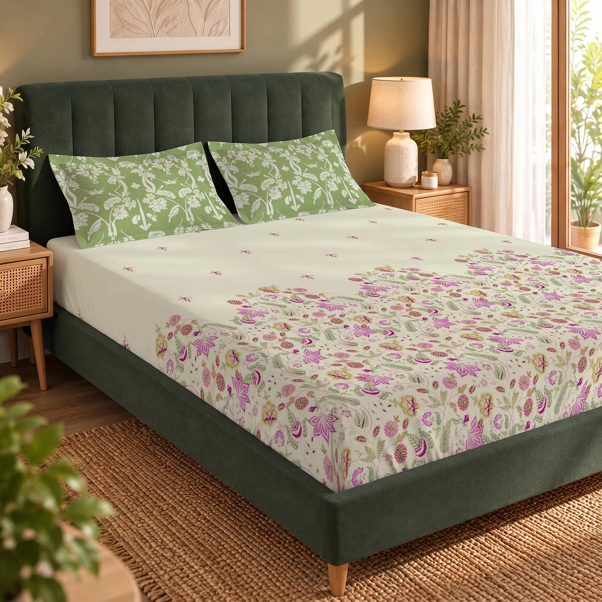 Serene 200 TC 100% Cotton Bedsheet with Pillow Covers - Vine Gardens Sage Green