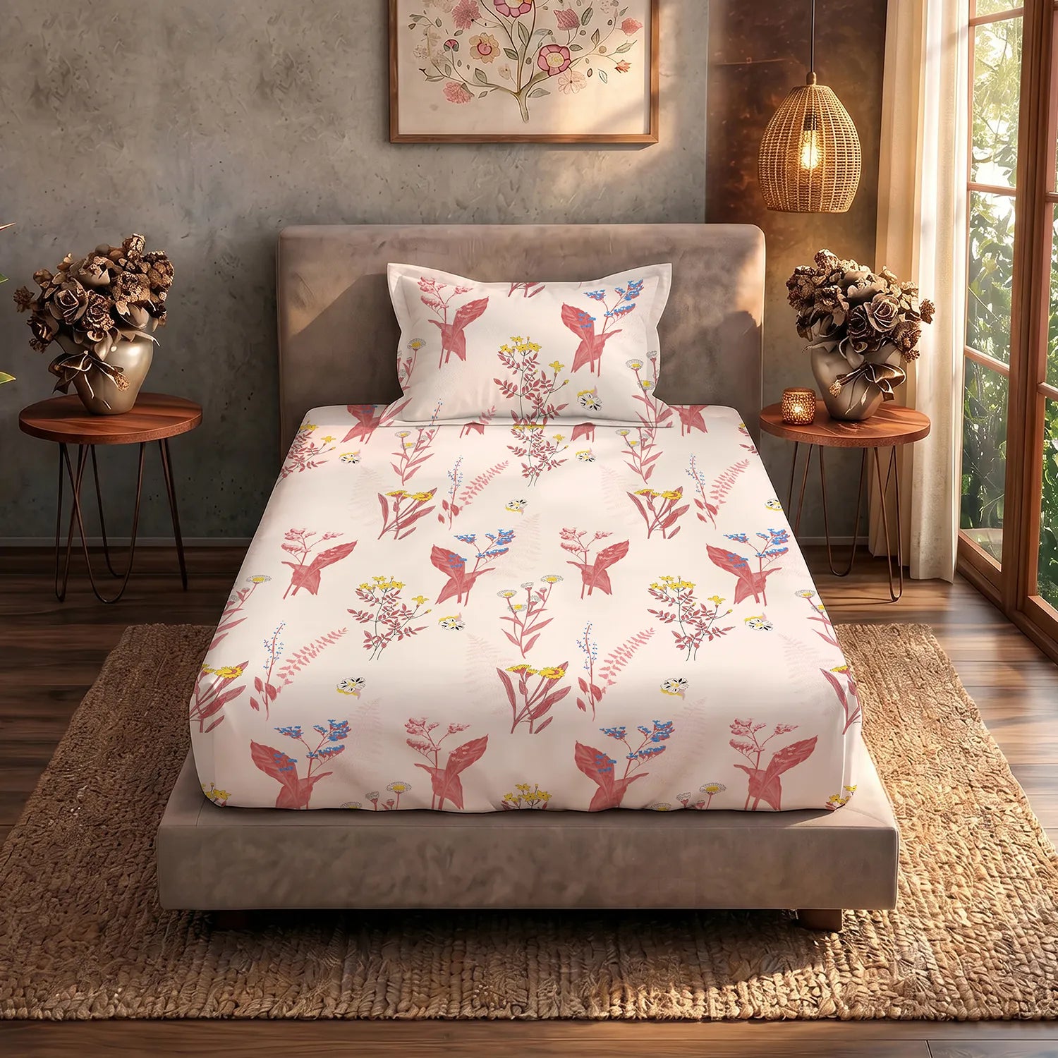 Serene 200 TC 100% Cotton Single Bedsheet with Pillow Covers - Whisper Peach
