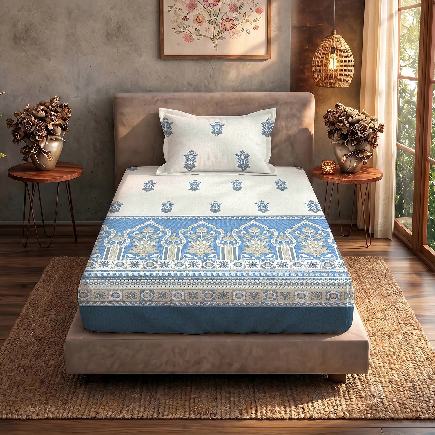 Serene 200 TC 100% Cotton Single Bedsheet with Pillow Covers - Palace Blue