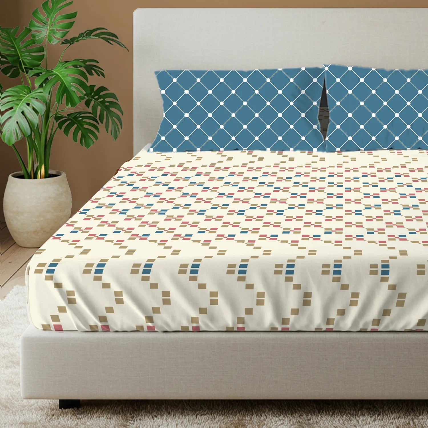 Divine Collection - Cotton Bedsheet With 2 Pillow Covers, Zen Blocks Blue