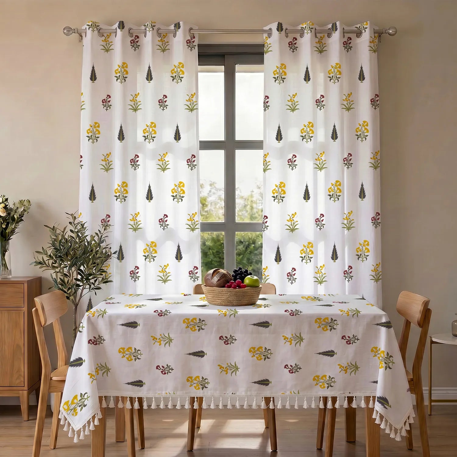 100% Cotton Pack of 2 Curtains & Table Cover Combo for Living Room - High Garden Yellow