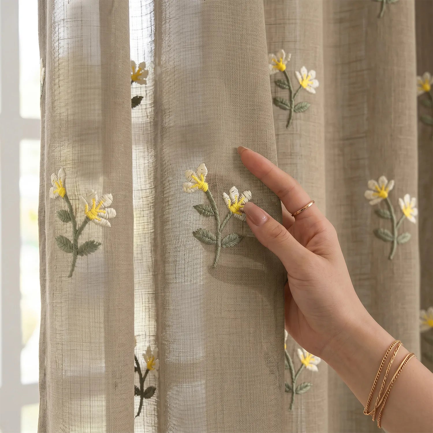 Embroidered Light Filtering Curtains, Pack of 1 - Neerja Pastel Yellow
