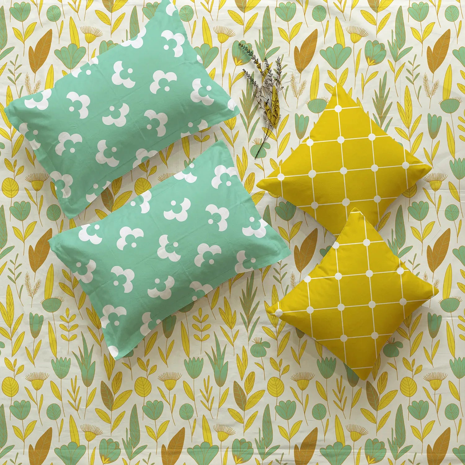 5 PC Cotton Bedsheet Set with 2 Pillow + 2 Cushion Covers - Mist Mint Green