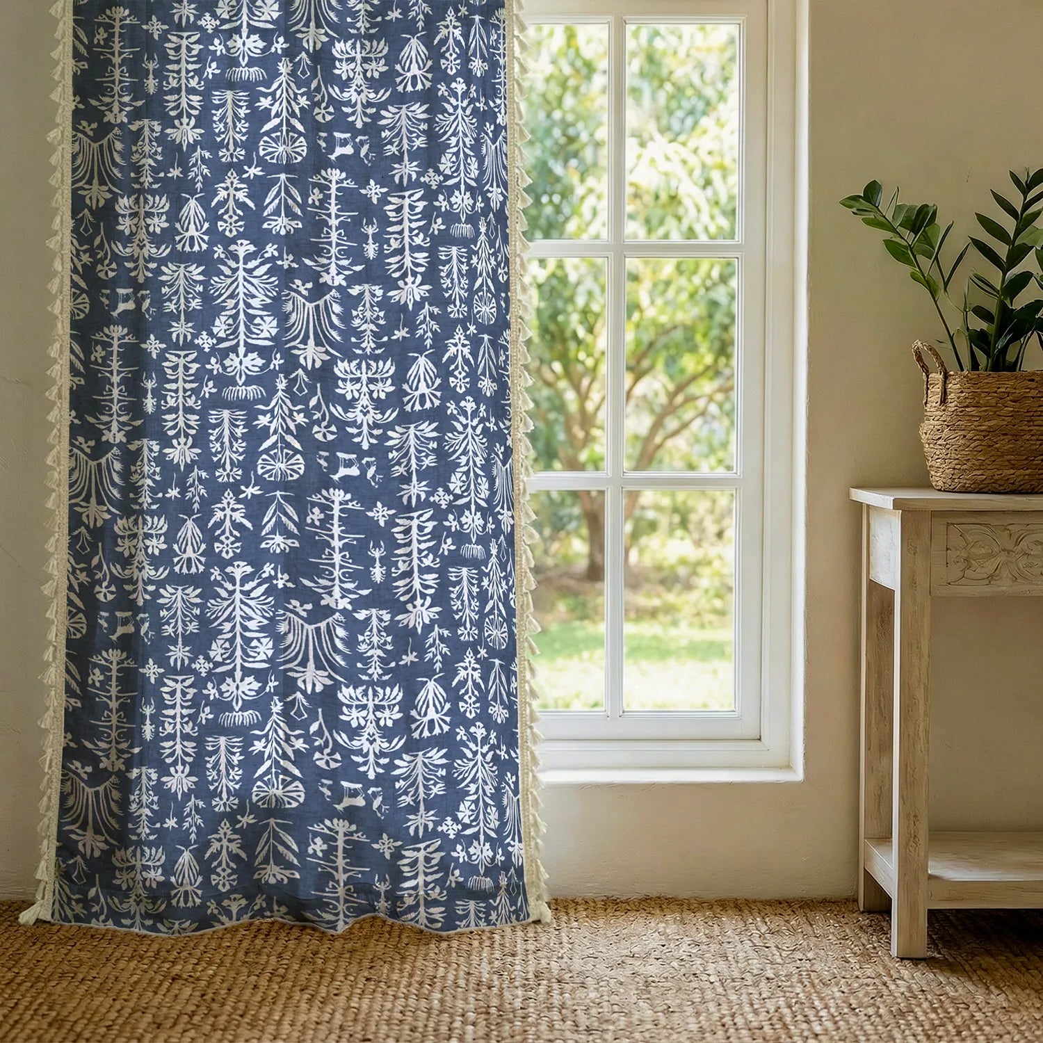 Premium 100% Cotton Curtain for Window & Curtains for Door - Pack of 1 Curtain, Twigs Indigo Blue