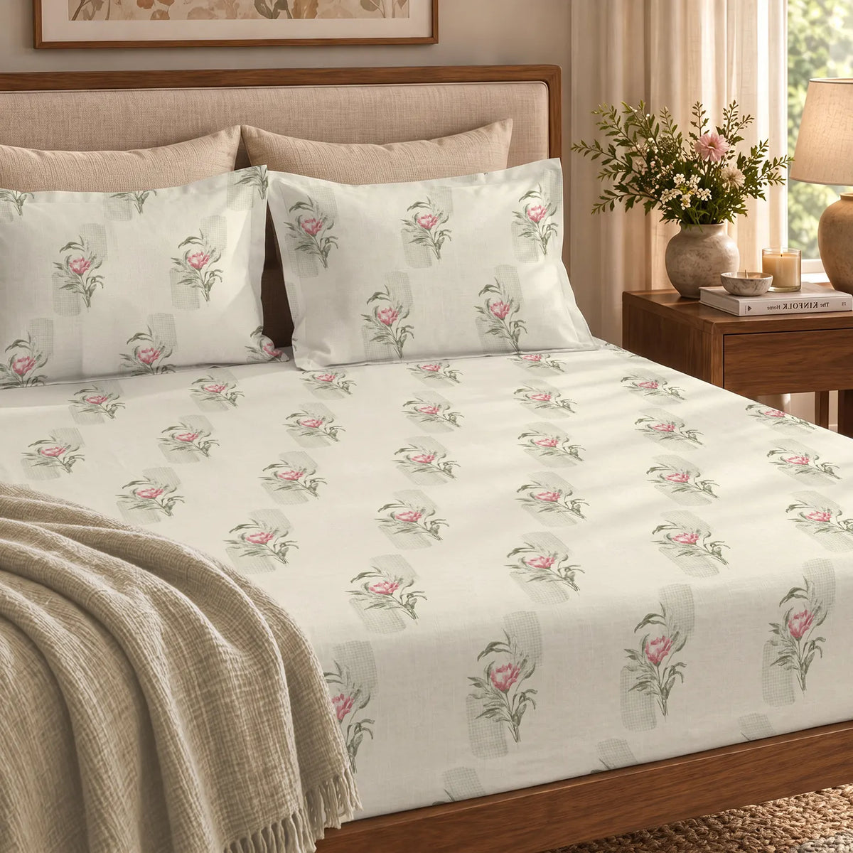 220 TC Cotton Percale Bedsheet with Pillow Covers - Winter Breeze Buttercream