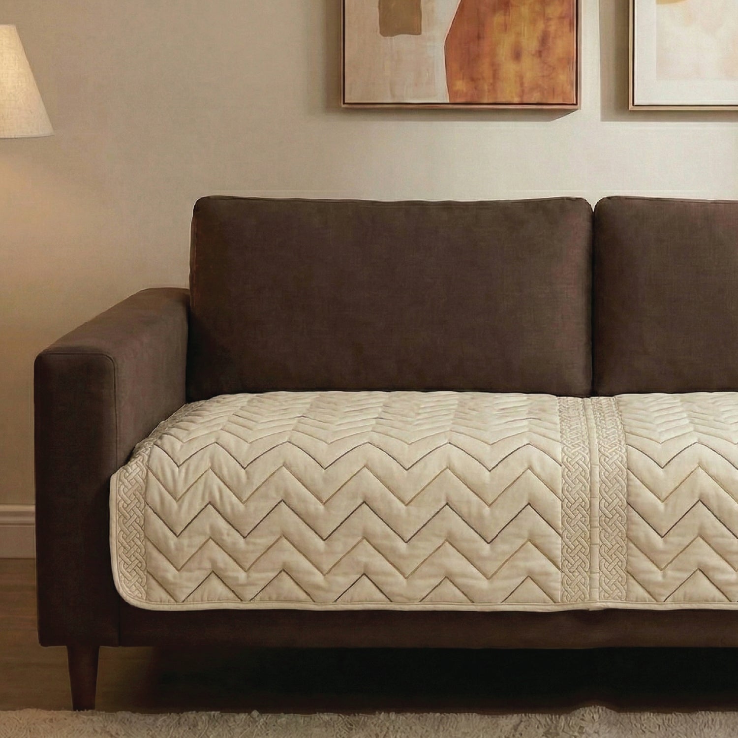 Anti Skid Quilted Velvet Sofa Mats, Zig Zag - Beige