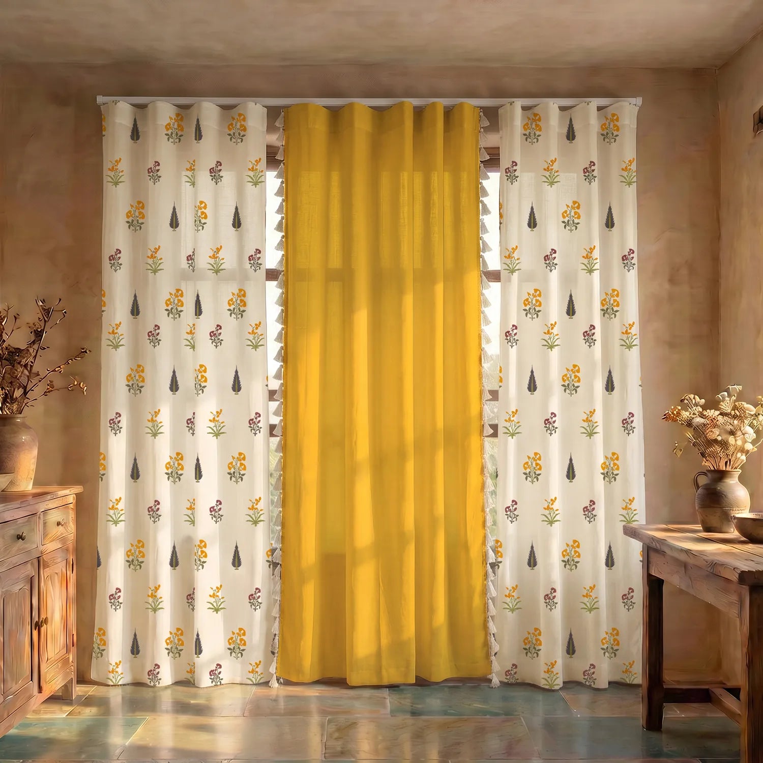 Cotton Curtains Combo, Set of 3 curtains, 60-65% Room Darkening Curtain - High Garden Yellow & Aura Yellow