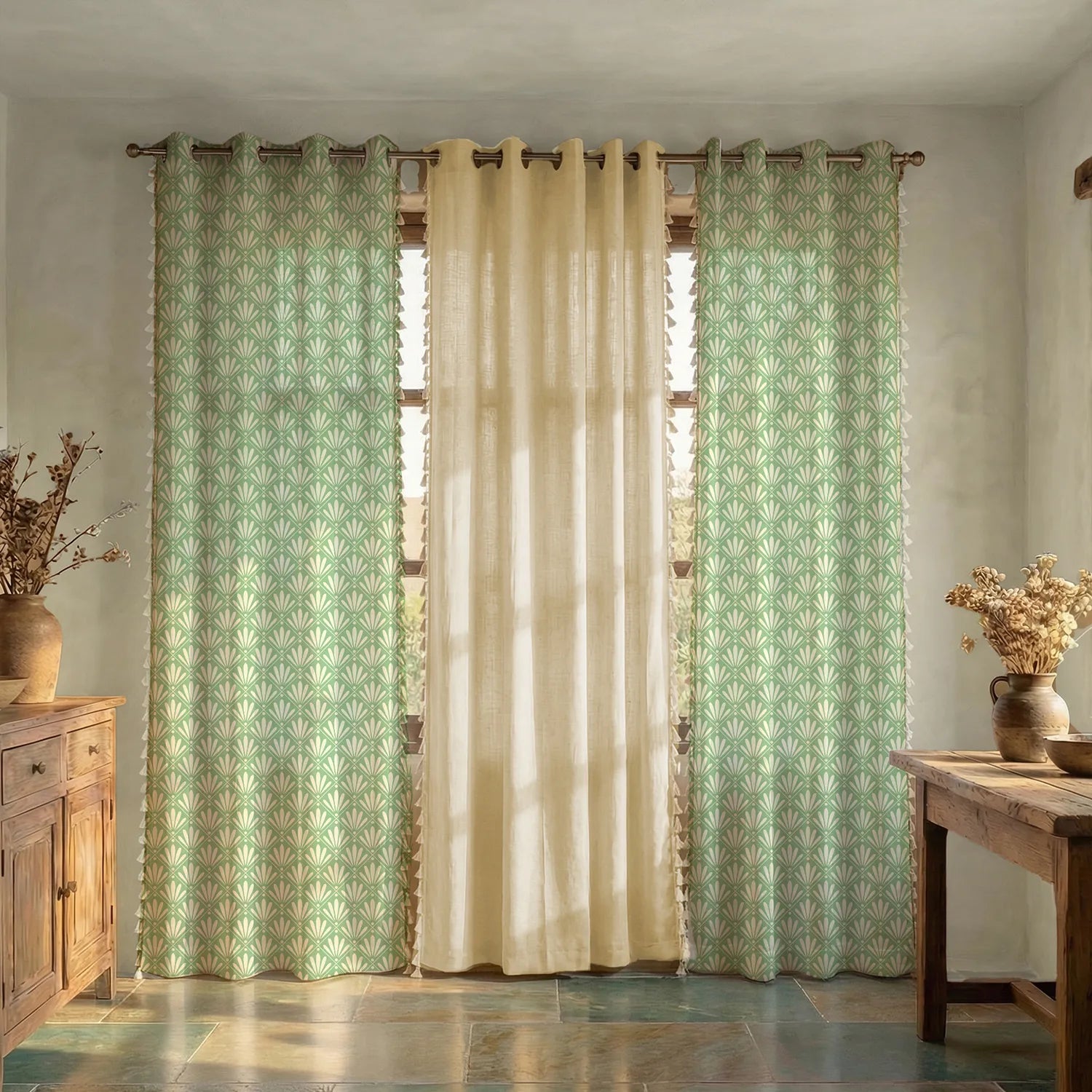 Cotton Curtains Combo, Set of 3 curtains, 60-65% Room Darkening Curtain - Amaya Sage Green & Aura Beige