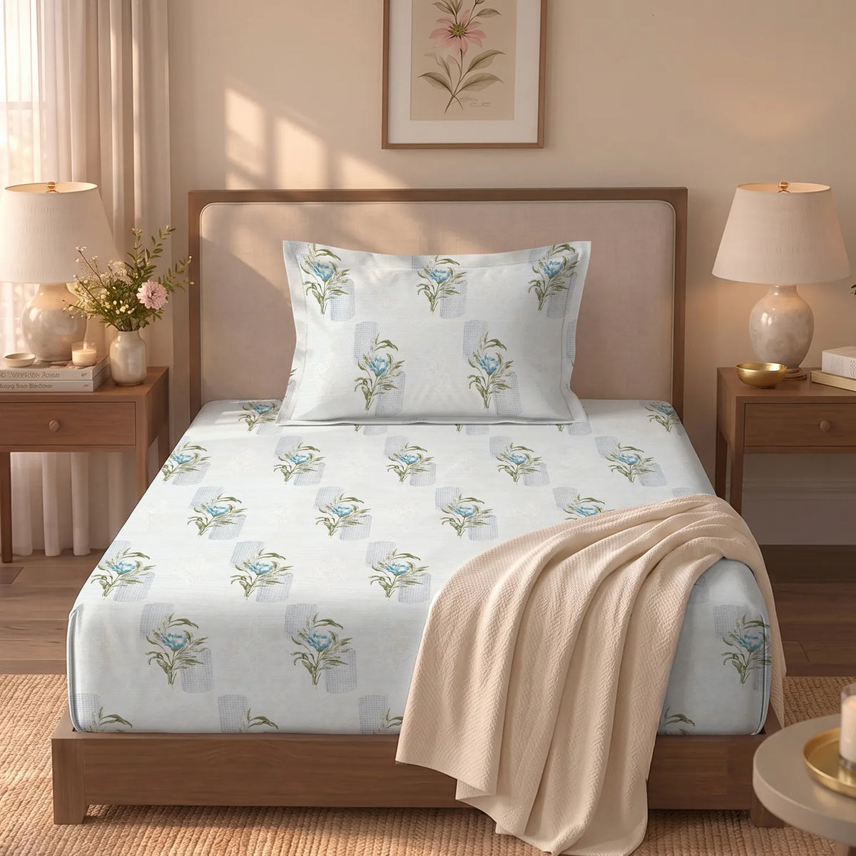 Serene 300 TC 100% Cotton Single Bedsheet with Pillow Covers - Winter Breeze Blue