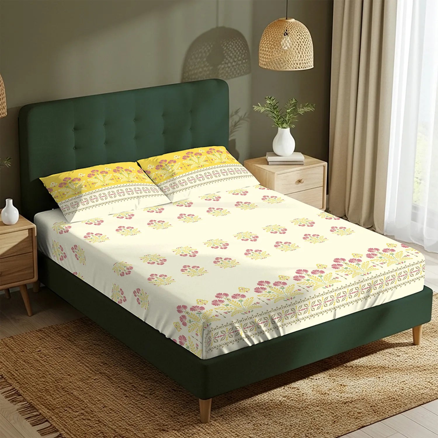 Fitted King Size Cotton Bedsheet - Malhaar Mustard Yellow