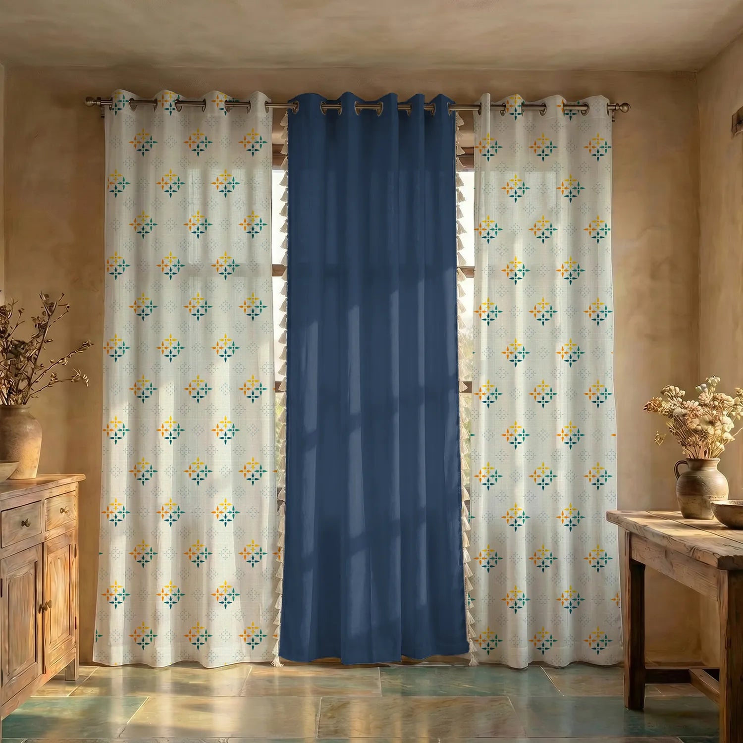 Cotton Curtains Combo, Set of 3 curtains, 60-65% Room Darkening Curtain - Blue & Aura Indigo