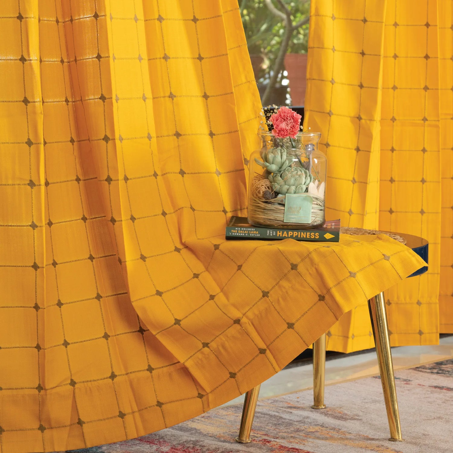 Pixel Checks Mustard Embroidered Cotton Curtains – Set of 2