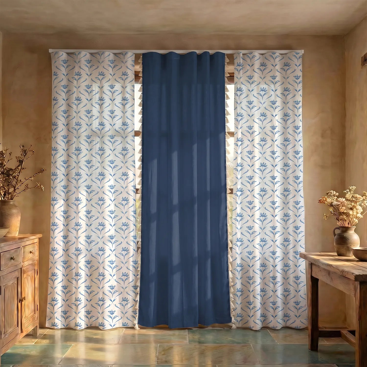 Cotton Curtains Combo, Set of 3 curtains, 60-65% Room Darkening Curtain - Water Lily Blue & Aura Indigo