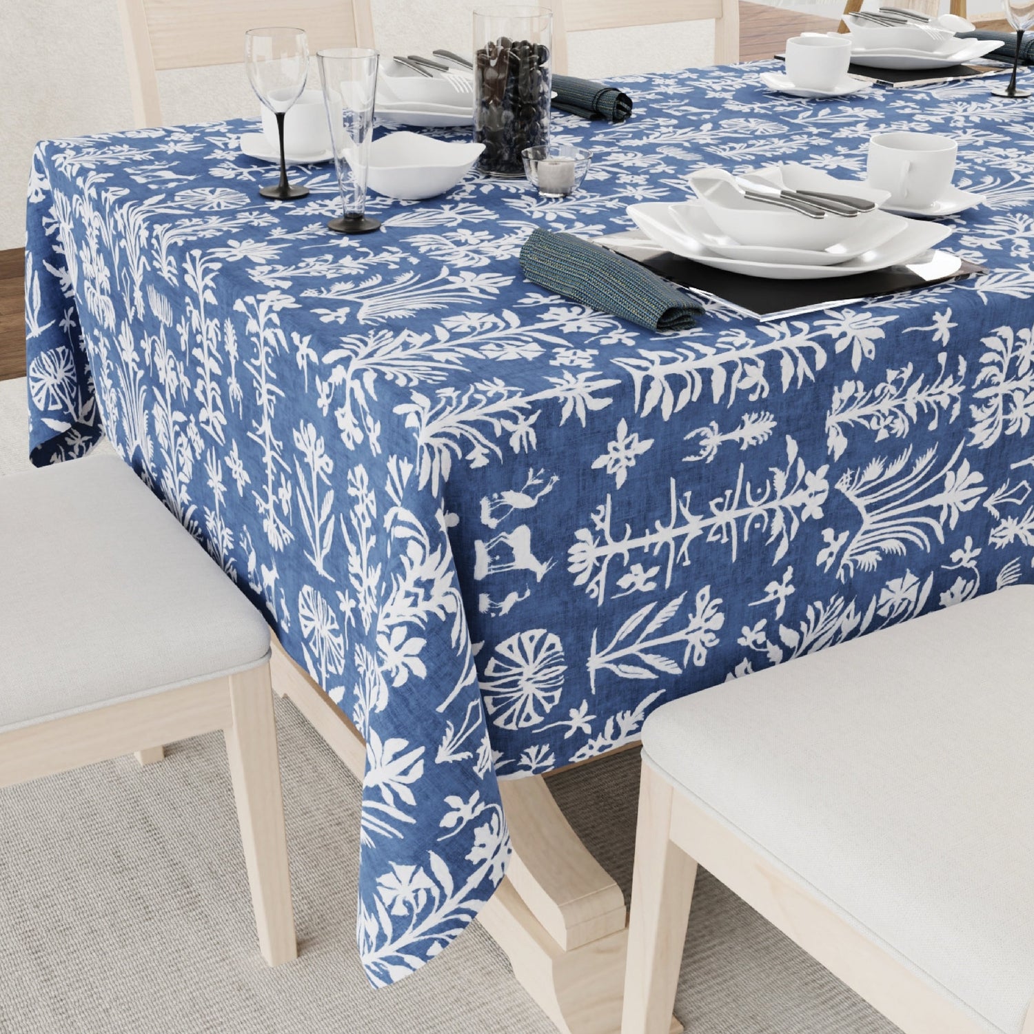 Digital Printed Table Cover - Water Resistant, Full Size Table Cloth - Twigs Indigo Blue