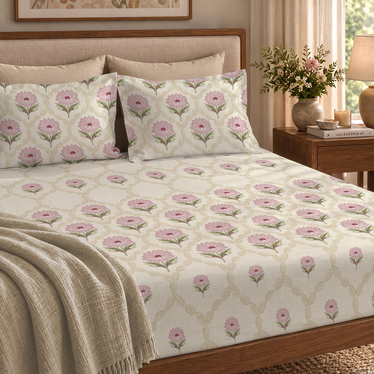 300 TC Cotton Percale Bedsheet with Pillow Covers - Heirloom Pink