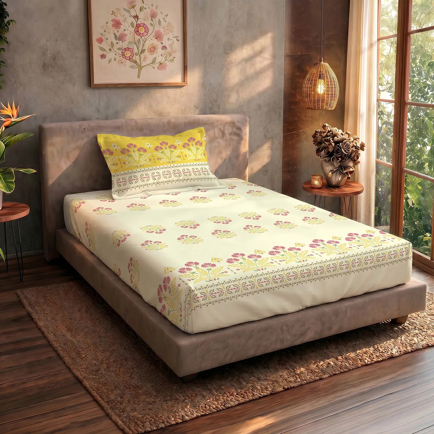 Serene 200 TC 100% Cotton Single Bedsheet with Pillow Covers - Malhaar Mustard Yellow