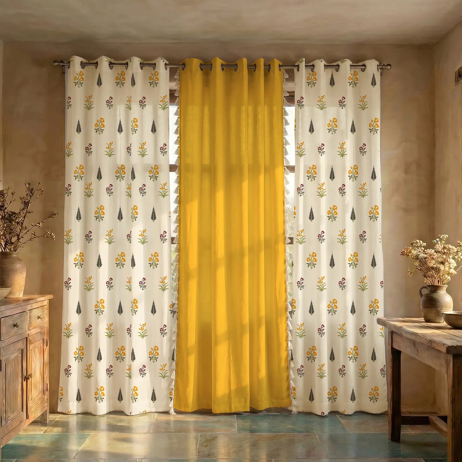 Cotton Curtains Combo, Set of 3 curtains, 60-65% Room Darkening Curtain - High Garden & Aura Yellow