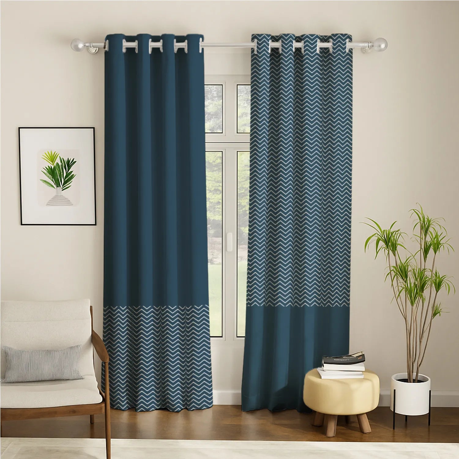 100% Cotton Panel Curtains for Living Room, Bedroom Curtains, Pack of 2 Curtains - Waves Dark Teal
