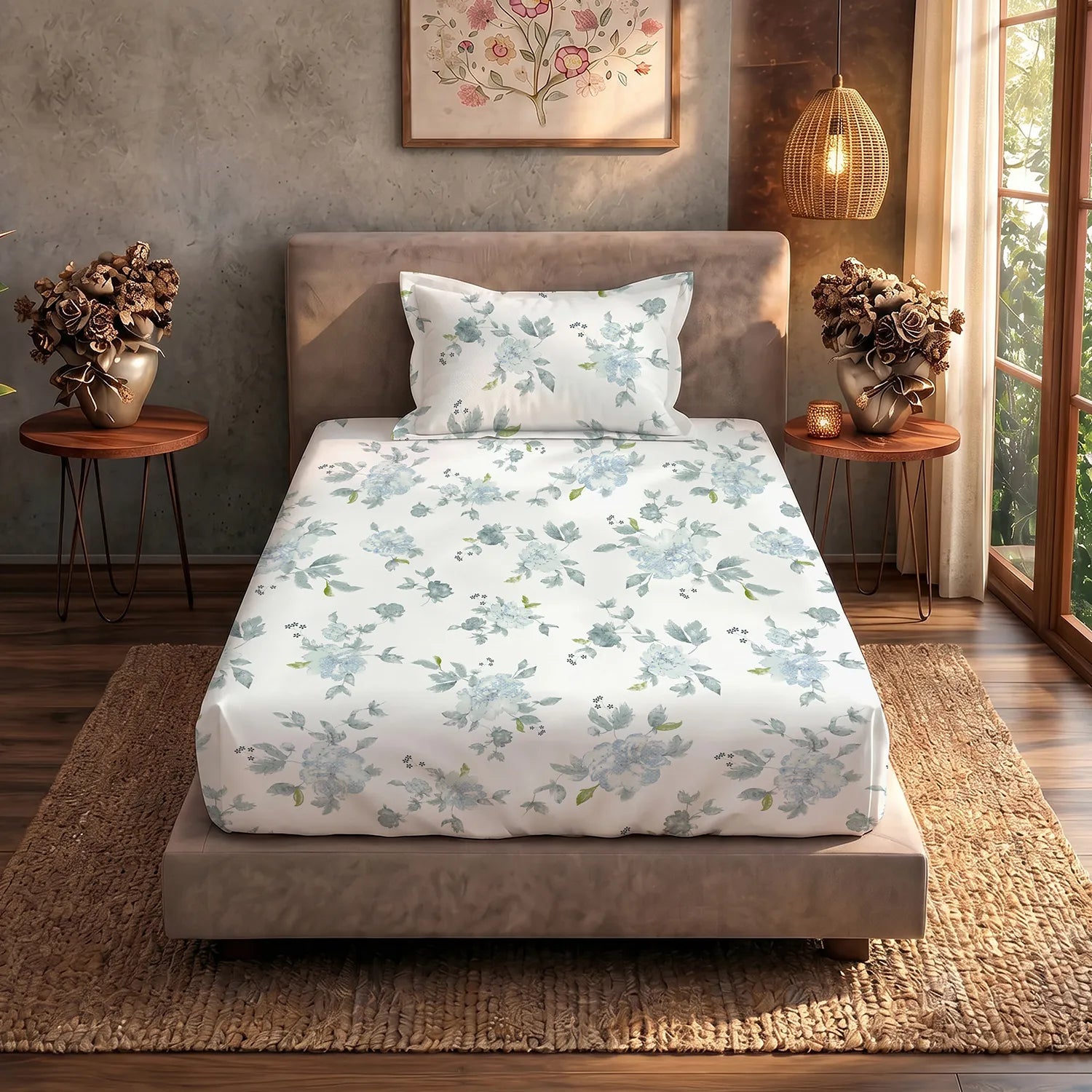 Serene 200 TC 100% Cotton Single Bedsheet with Pillow Covers - Sapphire Dusty Blue