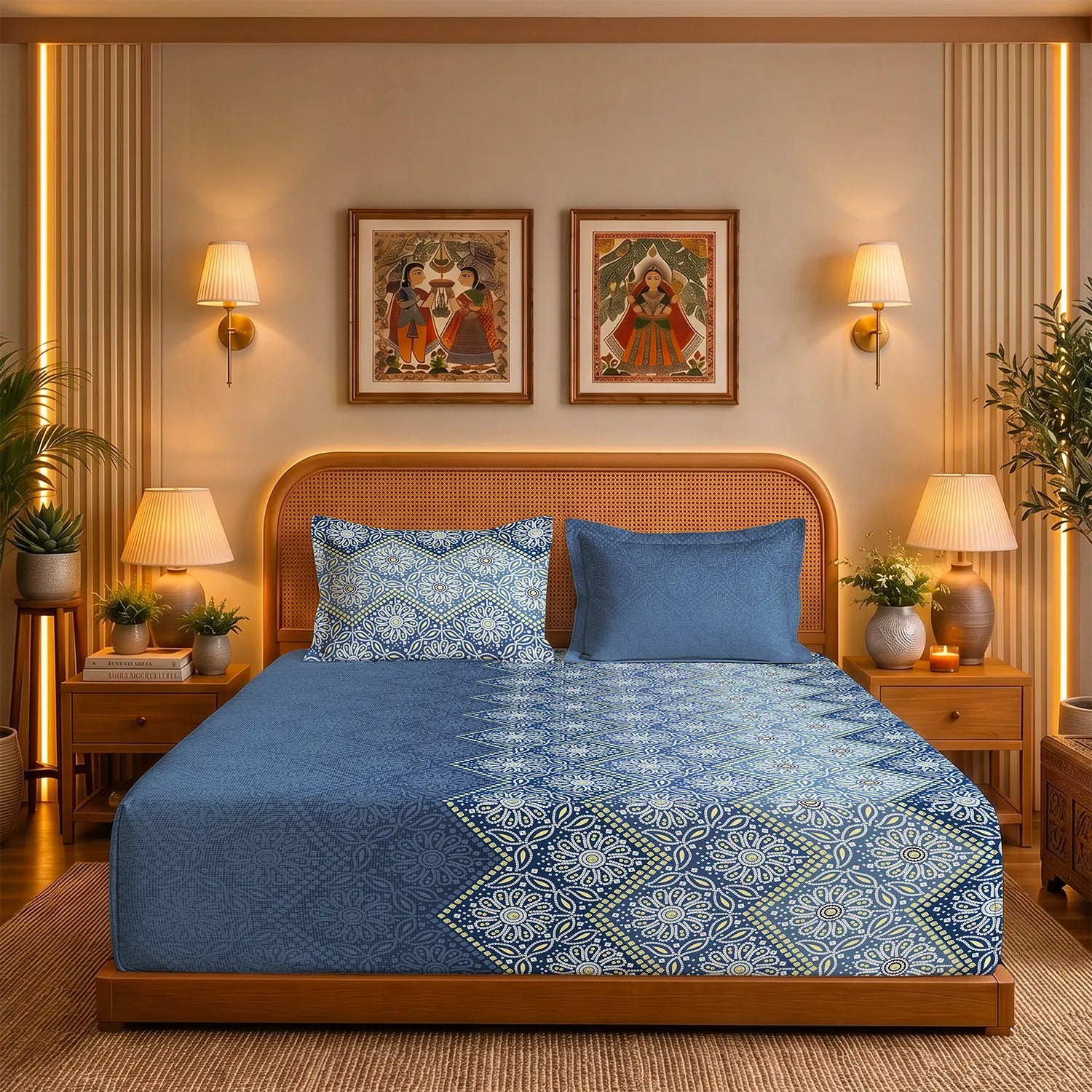 Serene 200 TC 100% Cotton Bedsheet with Pillow Covers - Lehriya Blue