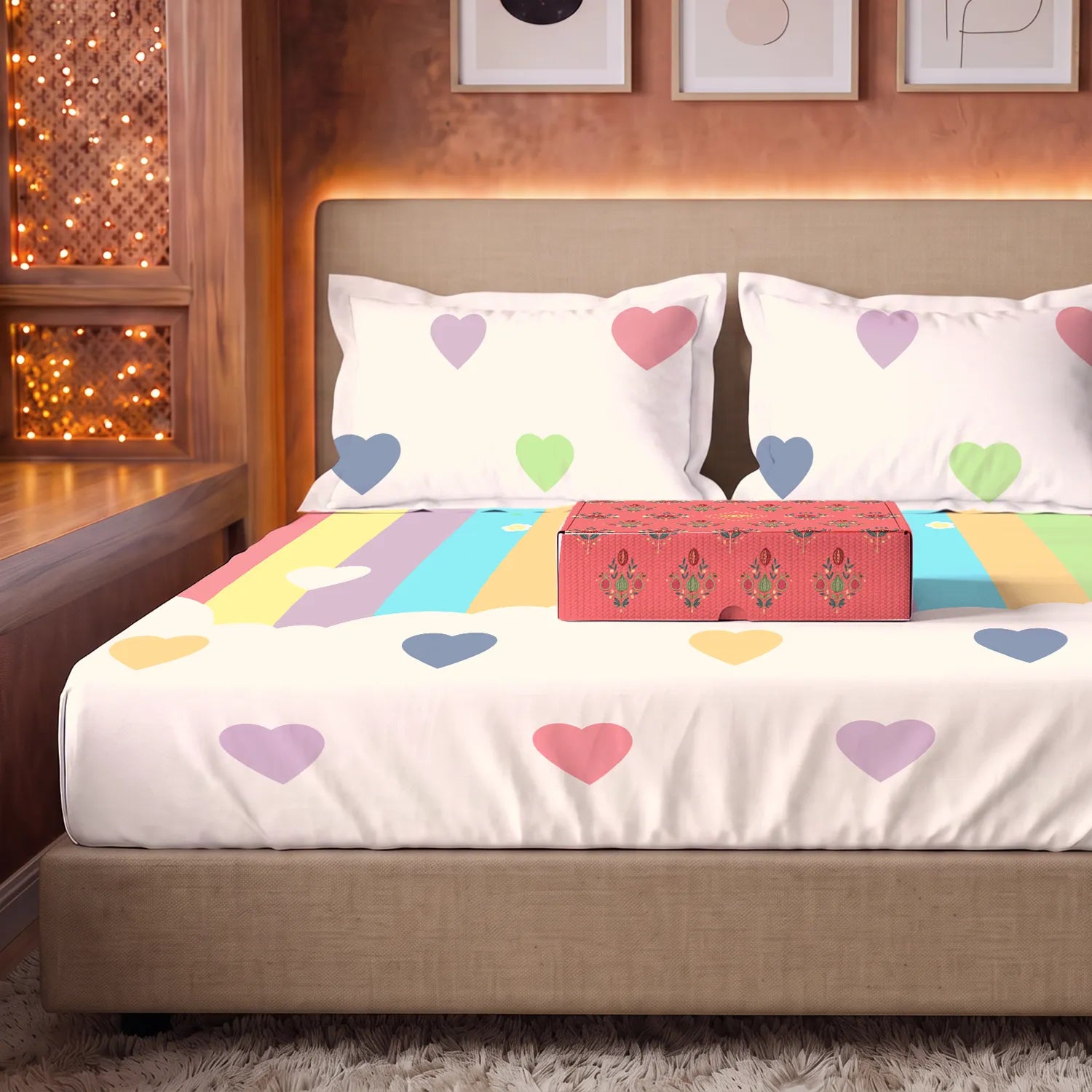 144 TC 100% Cotton Bedsheet Set in Gift Box - Rainbow Hearts