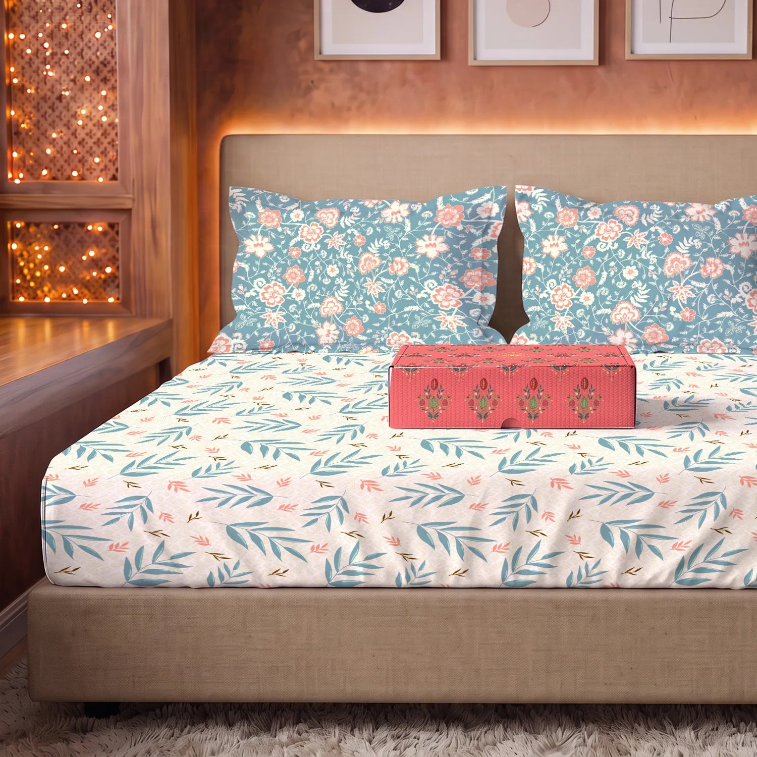 144 TC 100% Cotton Bedsheet Set in Gift Box - Raina Blue