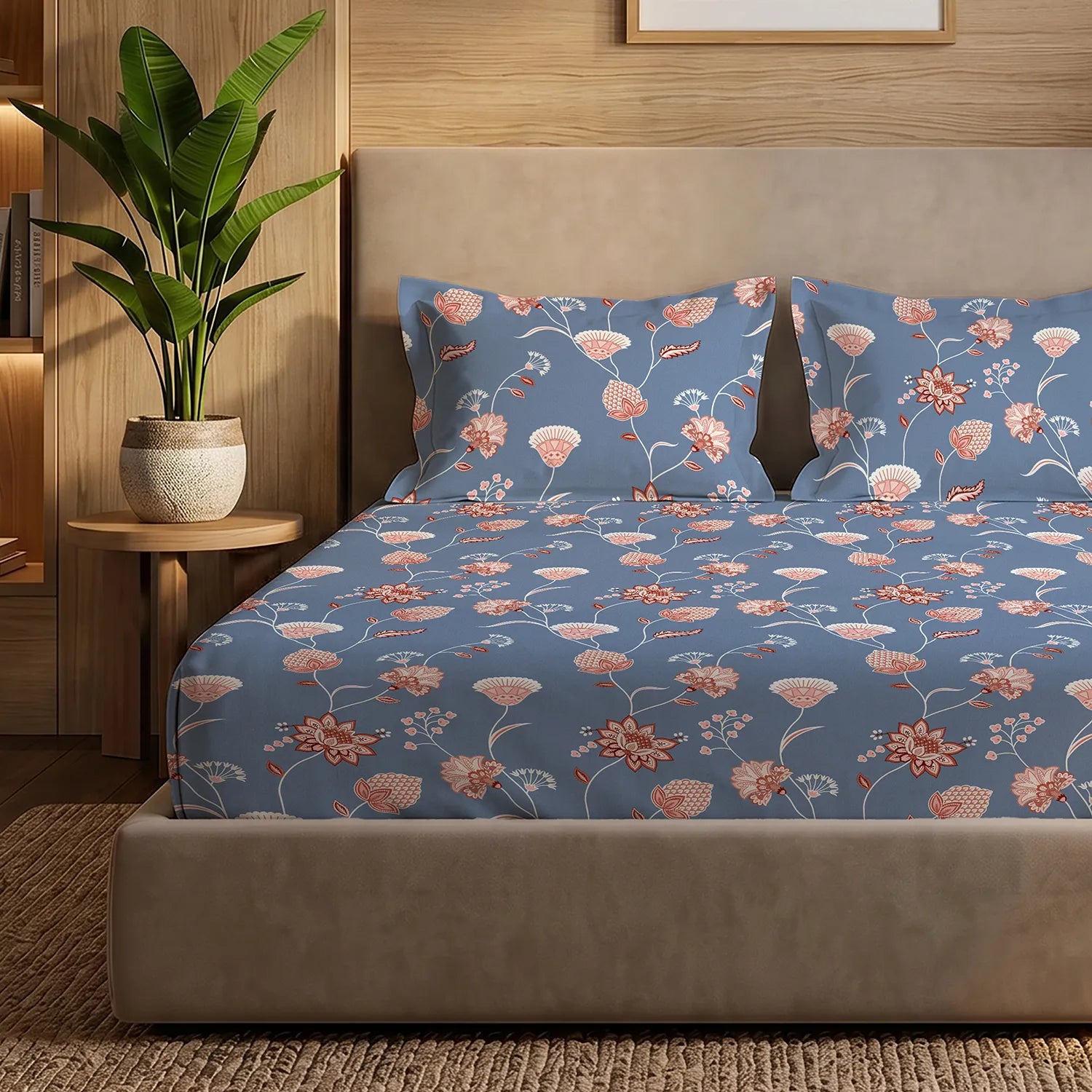 200 TC Glaced Cotton Microfiber Bedsheet with Pillow Covers - Orient Flowers