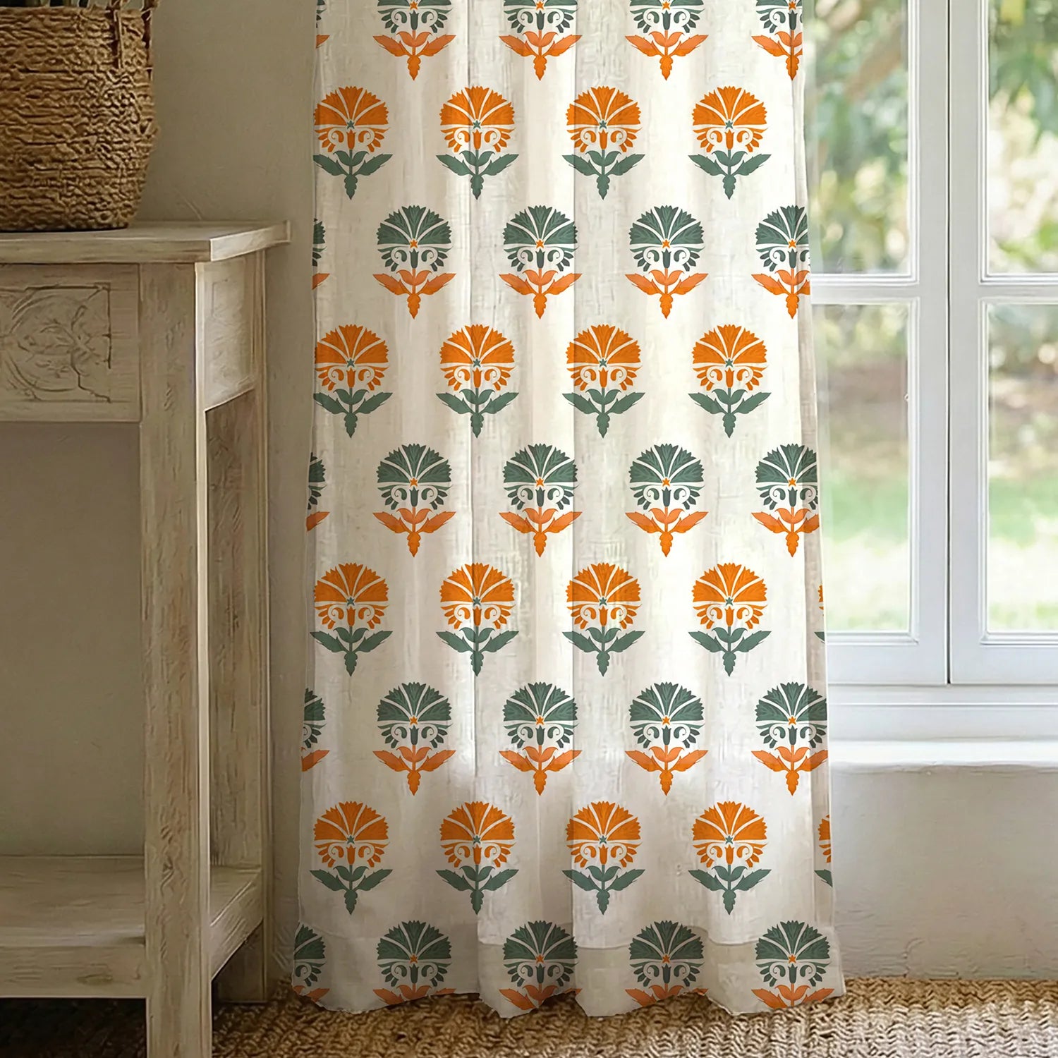 100% Cotton Curtains for Living Room, Bedroom curtains - Pack of 2 curtains, Owl Orchids - Mango