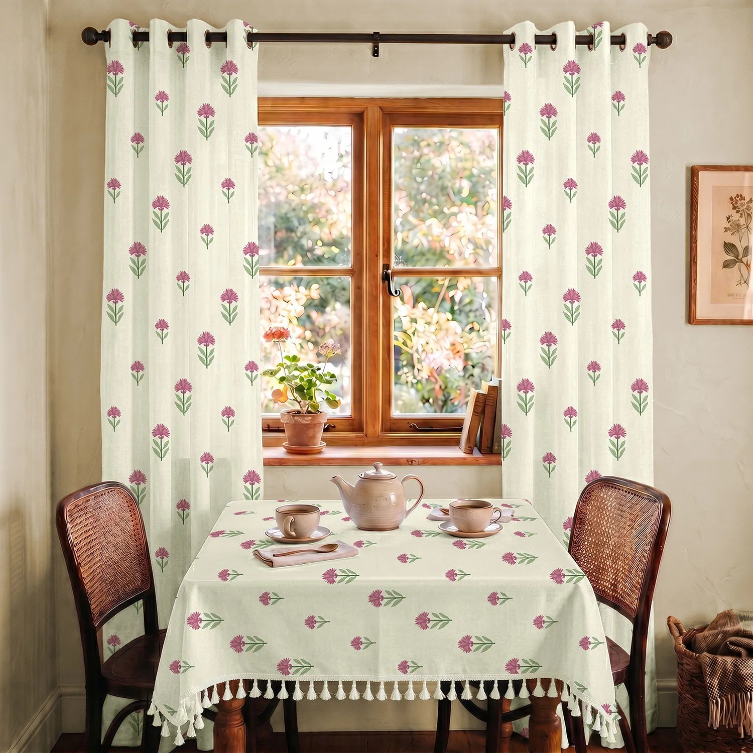 100% Cotton Pack of 2 Curtains & Table Cover Combo for Living Room - Aster Pink