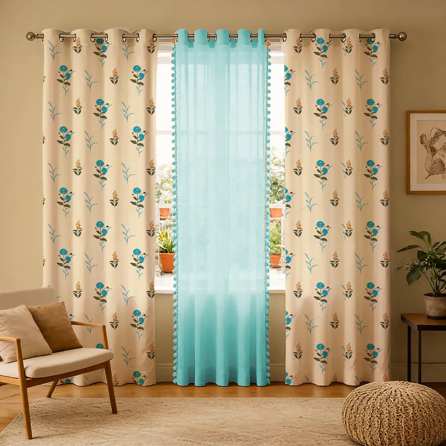 Cotton - Sheer Curtains Combo, Set of 3 curtains, 60-65% Room Darkening Curtain - Coneflower Blue & Aqua