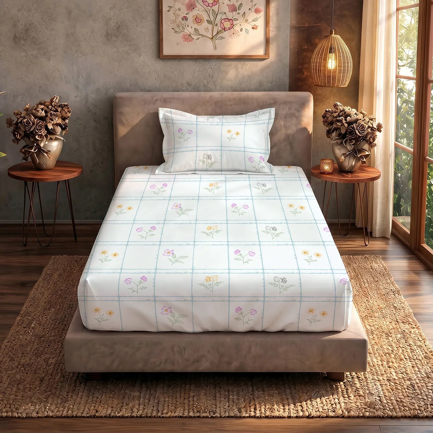 Serene 200 TC 100% Cotton Single Bedsheet with Pillow Covers - Petal & Pane Light Blue