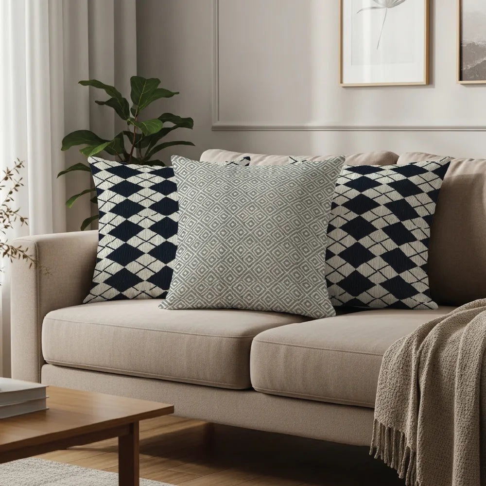 Cotton Cushion Covers, Throw Pillow for Couch - Black & Grey Diamond
